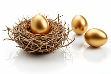 Fototapeta premium three golden eggs in a nest with a white background