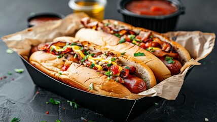 Hot dogs with various toppings. Food background. Fast food, junk food, street food concept.