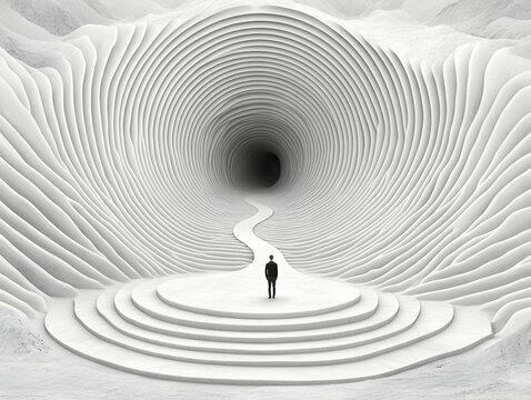 Man facing abyss, surreal landscape