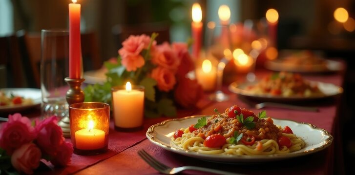 Comida para presentar en una mesa con velas y candelabros, platos, flores, mesa