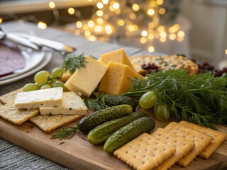 Delicious Cheese Board with Crackers, Grapes & Pickles - Bokeh Background Stock Photo