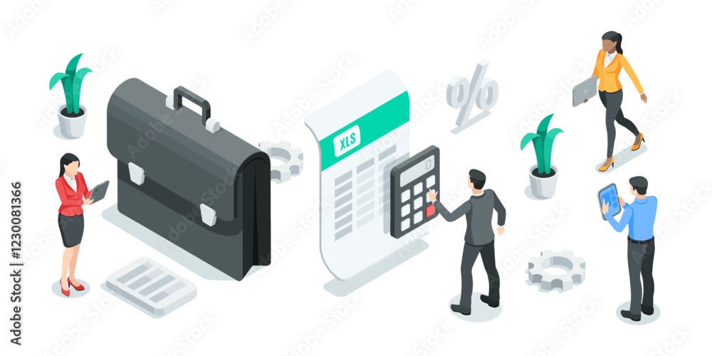 Wall mural isometric vector business men and women work in team with statistics, in color on white background, financial data analysis and processing