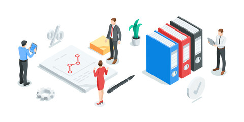 isometric vector business men and women work in team with statistics, in color on white background, financial data analysis and processing