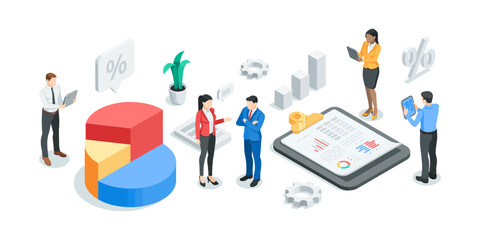isometric vector business men and women work in team with statistics, in color on white background, financial data analysis and processing
