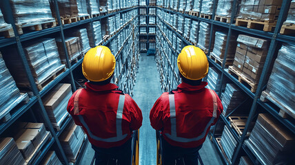Warehouse workers operate forklift, securing cargo in storage facility