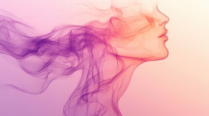 Naklejka premium Abstract Woman Face Purple Pink Smoke Airy Background Dreamy Portrait
