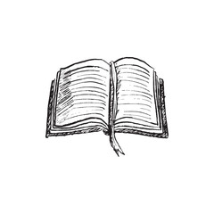 Opened book with paper pages in brush stroke texture. Hand drawn vector sketch illustration in vintage charcoal ink style. Reading, library concept, book store, back to school, study process