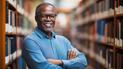 Portrait of a college professor in a library, arms crossed, smiling confidently, with rows of academic books as a background