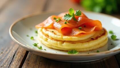 Fluffy keto pancake with cream cheese and smoked salmon, low carb dessert, healthy dessert, smoked salmon