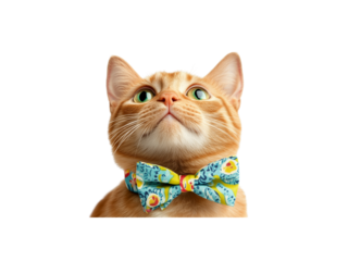 stylish orange cat wearing colorful bow tie looks up with curiosity, Isolated on white background