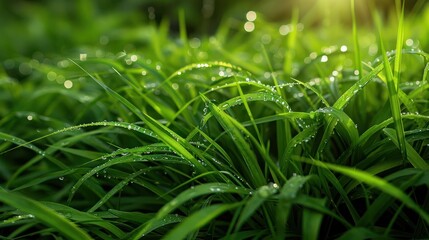 Close-up of dewy grass blades glistening in sunlight, showcasing nature's beauty and freshness