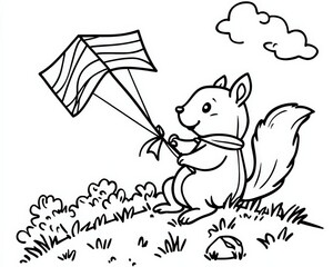 Obraz premium A whimsical illustration of a cheerful squirrel flying a colorful kite on a grassy hill, evoking a sense of joy and outdoor adventure Perfect for children themes, Outline