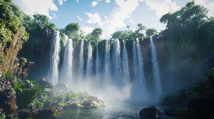 Fototapeta premium Tropical waterfall cascading into pool, lush jungle backdrop, nature scene