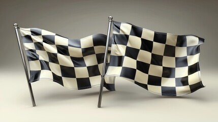 Fototapeta premium Two checkered flags waving, finish line, race completion, neutral background, sports event imagery