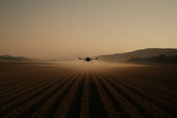Obraz premium Drone surveying a vast, sunlit field.