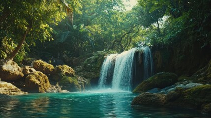 Fototapeta premium Tropical waterfall cascades into turquoise pool, lush jungle backdrop, nature travel