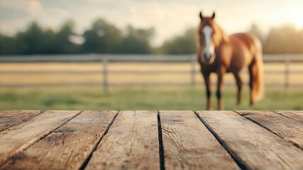 Rustic wooden table in focus with blurred horse and farm in background