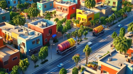 Urban neighborhoods with water tankers supplying areas without regular water access, realistic and vibrant