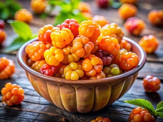Naklejka premium Delicious Cloudberry Bowl: Close-Up Studio Shot of Tiny Bowl Overflowing with Ripe Orange Cloudberries