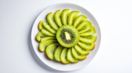 A minimalist plate of sliced kiwi fruit, neatly arranged in a fan pattern on a plain white ceramic plate, Kiwi centered