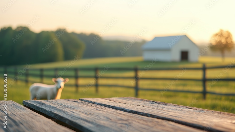 Poster rustic wooden table inviting to enjoy peaceful farm scene with goat and barn