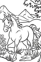 A charming outline of a walking horse in a scenic landscape, perfect for coloring activities This art piece invites creativity and relaxation, Outline