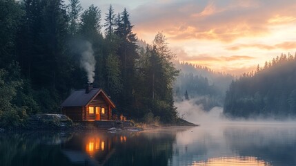 Fototapeta premium A quiet lakeside cabin with smoke rising from the chimney at sunrise picture