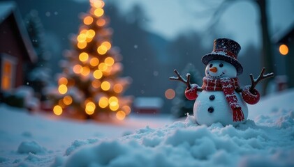 Obraz premium Snowman figurine on a snowy hill with a Christmas tree in the background with glowing lights, scenery, glowing lights