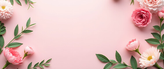 Creative floral concept: spring blooming plants and petals on pastel pink background with paper pompoms. Presentation mockup. Top view, flat lay.