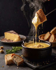 Cheese splash fondue in black pot with Swiss cheese and wine, cozy food setting