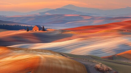 Serene landscape at sunset showcasing rolling hills with vibrant colors and a distant barn
