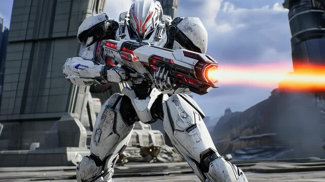 Futuristic robot soldier engaging in combat on a distant planet with vibrant scenery and advanced technology