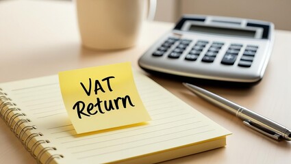 A notepad with a sticky note labeled "VAT Return," a calculator, a pen, and a cup, representing tax preparation and financial organization.