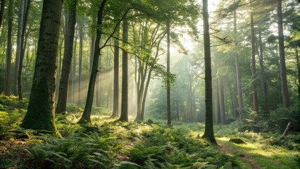 Obraz premium Soft focus captures the serene beauty of a forest illuminated by dappled sunlight, soft focus effect, green foliage, leafy branches
