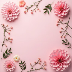 Creative floral concept: spring blooming plants and petals on pastel pink background with paper pompoms. Presentation mockup. Top view, flat lay.