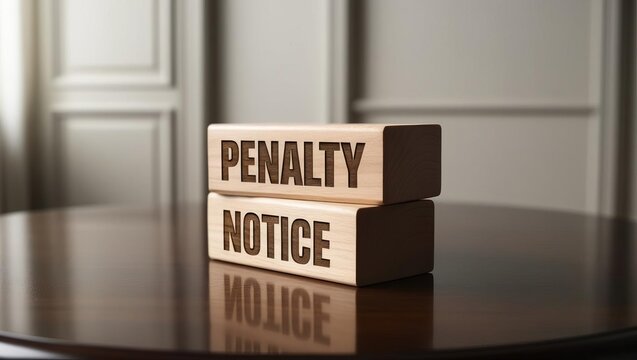A wooden block displays the words "PENALTY" and "NOTICE," set on a polished table, suggesting a formal or legal context.