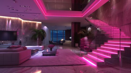 Modern luxury interior of a high-rise apartment featuring pink lighting and scenic views