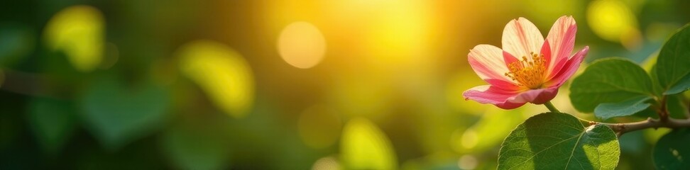 Naklejka premium Lush foliage and blooming flower in the warm sunlight, foliage, , blossoms