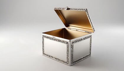 blank metal opened box with cap isolated on white background, aluminium, cut out, elegance, glossy, metallic, no people, open, pack, package, personal, photography, product,16545