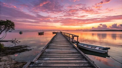 Obraz premium Softly glowing sunrise over a vintage wooden pier stretching into a serene lake or ocean, old wooden pier, serene landscape