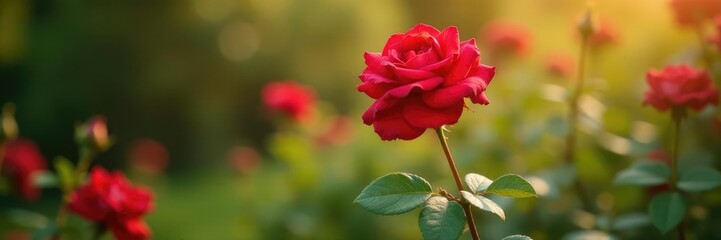 Mature red rose bush with long stems and full bloom in sunlight, colors, garden, light