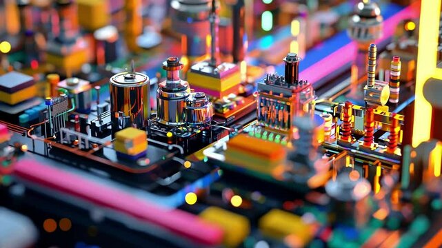 An intricate view of a compact conveyor belt system showcasing various interchangeable modules for different manufacturing processes with tiny products moving along the line.