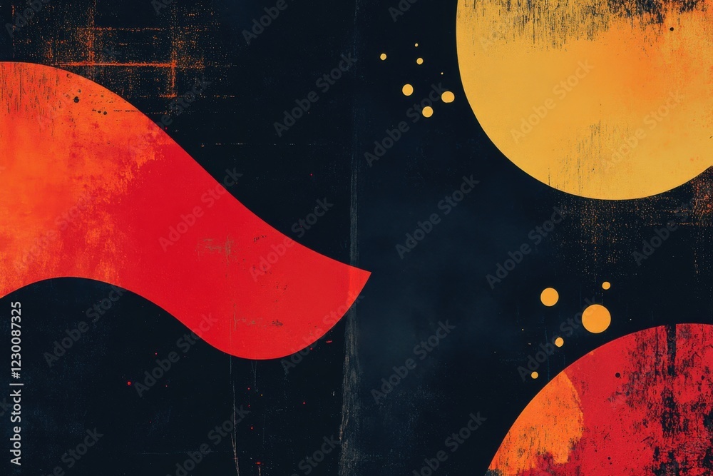 Poster vibrant gradient backdrop with illuminated shapes in dark setting, featuring textured noise elements