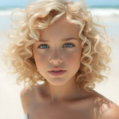 Una linda rubia, extremadamente rizada, en frente del hermoso mar