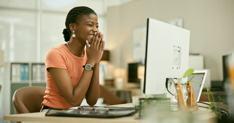 Computer, office and black woman excited, happy and web designer smile for online feedback, success...