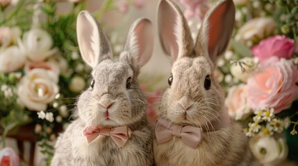 Fototapeta premium Wedding couple of elegant rabbits with bow tie on their wedding day. Honeymoon