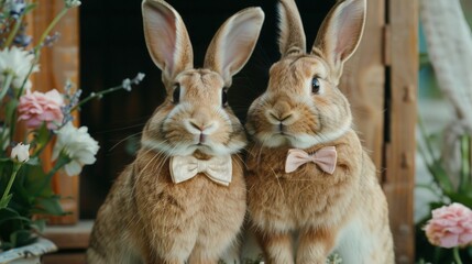 Wedding couple of elegant rabbits with bow tie on their wedding day. Honeymoon