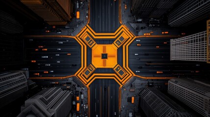 Urban Gridlock: An aerial perspective of a busy city intersection, showcasing the intricate network of roads and the constant flow of traffic, emphasizing the bustling energy of urban life.