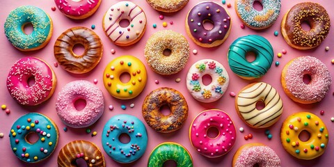 Fototapeta premium Delicious Glazed Donuts Flat Lay Pink Background - Sweet Treats Food Photography