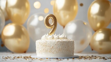 Elegant 9th Birthday Cake with Golden Balloons Celebration